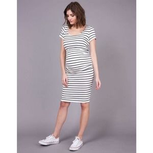 Seraphine Maternity Bodycon Nautical White and Navy Midi Dress (Size 6)